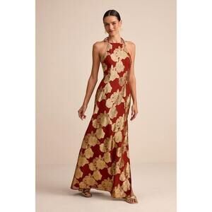 Lulus Brinley Rust And Gold Floral Jacquard Halter Maxi Dress Red - Size L